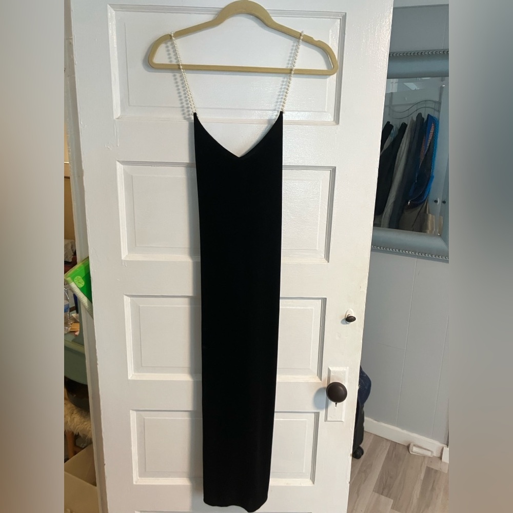 NWT Sam Edelman Black Velvet Dress w pearl straps. Stretchy and sleek mid length